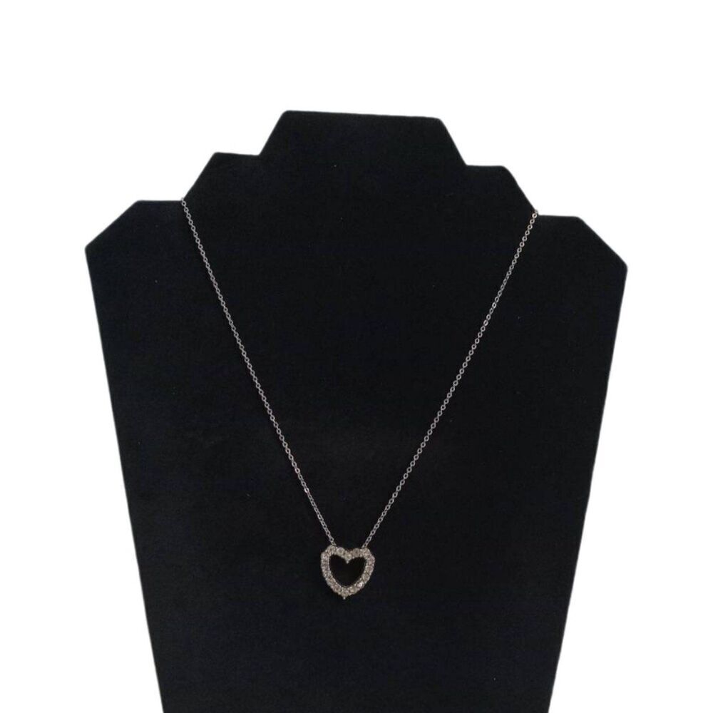 Small Rhinestone Encrusted Heart Shaped Pendant Silver Tone Lightweight Necklace